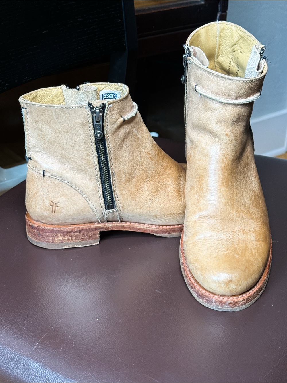 Frye Veronica Short Leather Harness Ankle Boots Tan Beige Size 9 Made Mexico